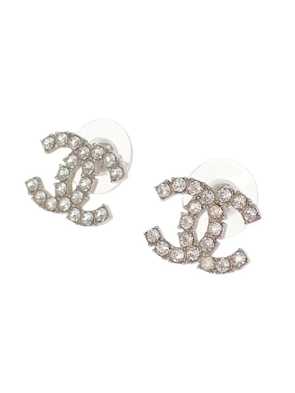Chanel CC Logo Earrings Metal Crystal Silver Both Ears